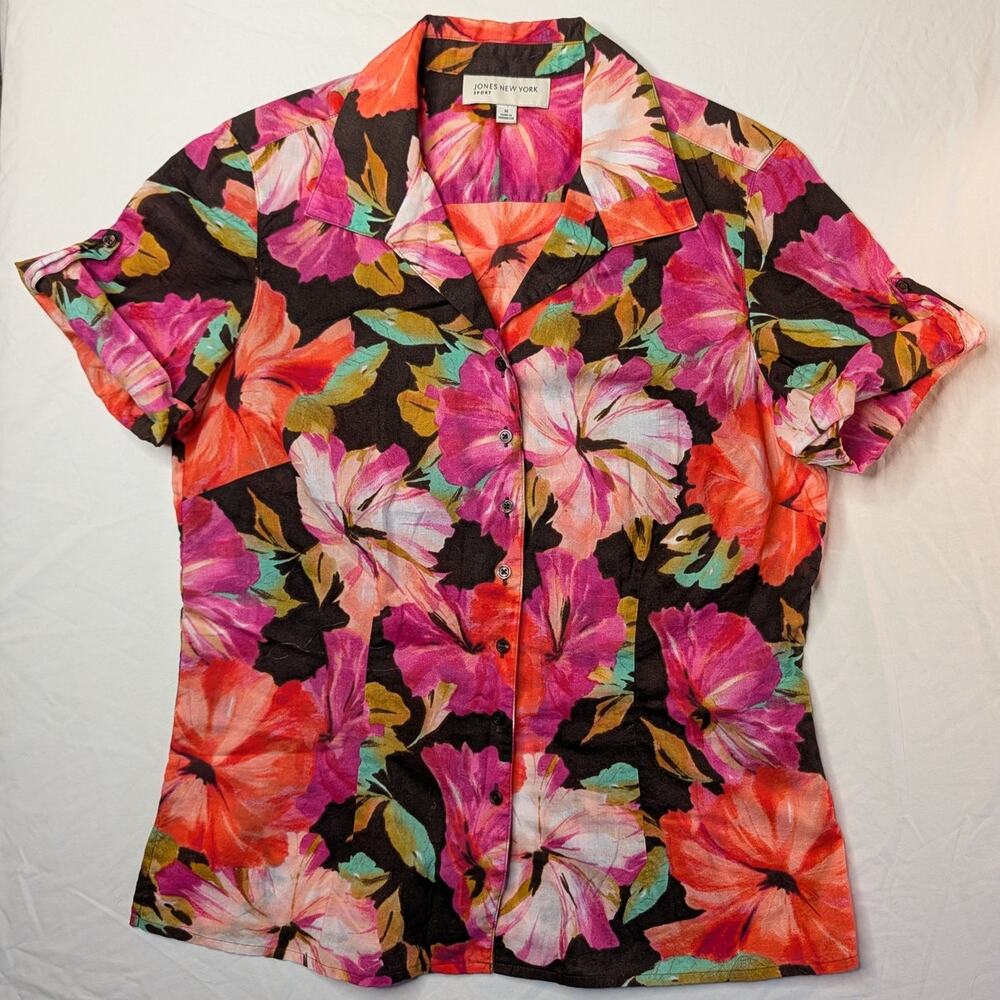 Jones New York Sport Tropical Button Up Short Sleeve Blouse Shirt Top Sz M Tiki